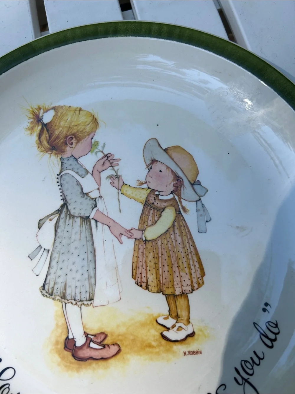 Vintage 1972 Holly Hobbie Ceramic with Green Rim - Inspirational Quote